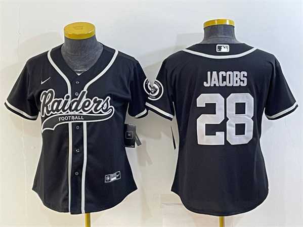 Women%27s Las Vegas Raiders #28 Josh Jacobs Black With Patch Cool Base Stitched Baseball Jersey->women nfl jersey->Women Jersey